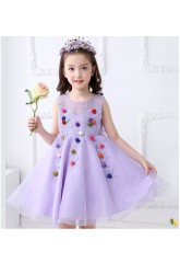 Little Big Girls Summer Embroidered Flower Dress Girl Purple Birthday Party Princess Dress for Wedding